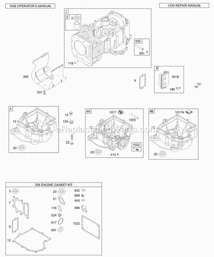 Crankcase CoverSump Cylinder KitGasket Sets - Engine Diagram and Parts List for 312777-0130-E1  Briggs and Stratton Engine